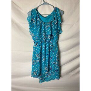 AS U WISH Women’s M Boho MEDIUM TEAL FIT FLARE‎ DRESS QUIRKY BIRD PRINT Indie